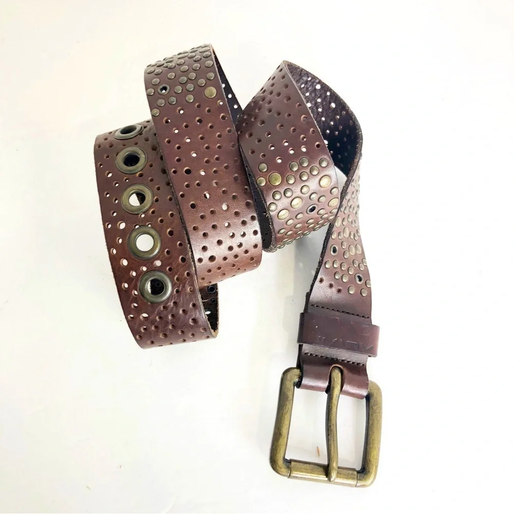 Brown leather, eyelet, studded, chunky hardware belt